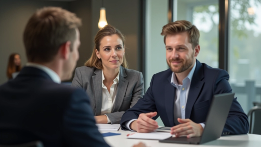 Couple discutant avec un conseiller bancaire dans une agence, signature de documents de compte joint