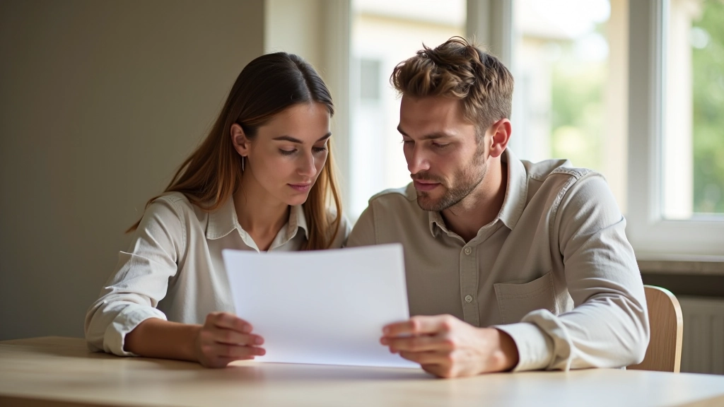 Deux personnes regardant un relevé bancaire ensemble à une table, planification financière en cours