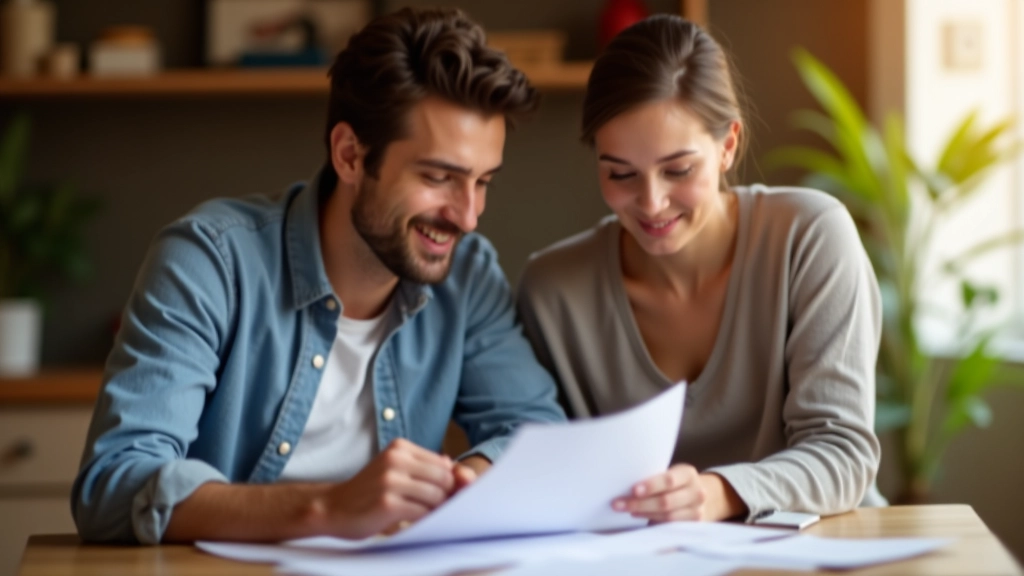 Couple assis à table, discutant budget sur document financier, lumière naturelle chaleureuse