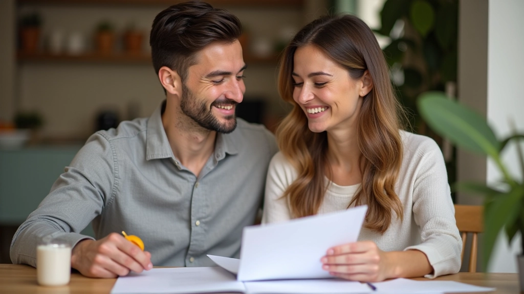 Couple se tenant la main sur table avec document budgétaire, expression satisfaite et souriante