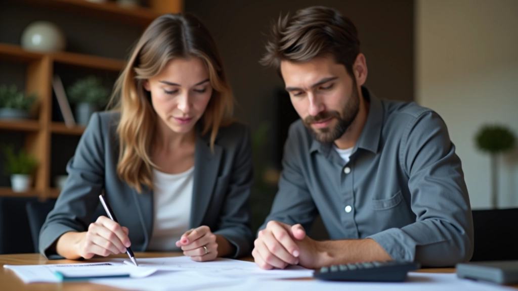 Documents financiers et calculatrice sur un bureau avec deux tasses de café