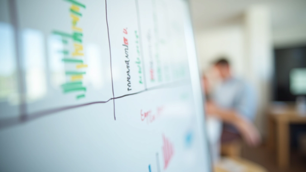 Tableau blanc avec colonnes budgétaires, marqueurs colorés et graphiques financiers dessinés